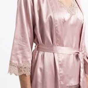 Flora Pink Satin Robe and Lace Chemise Nightgown Set L/XL 2 Piece Sleepwear